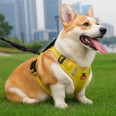 Harnais chien en y jaune pour corgi confortable et sécurisé avec bandes réfléchissantes pour promenade en ville Duomm