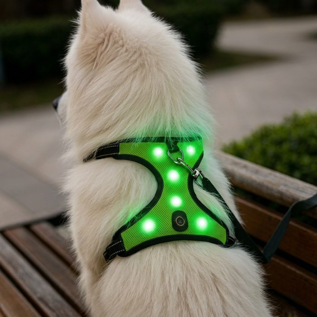 Chien blanc portant le harnais chien lumineux NightPup vert allumé, autre angle