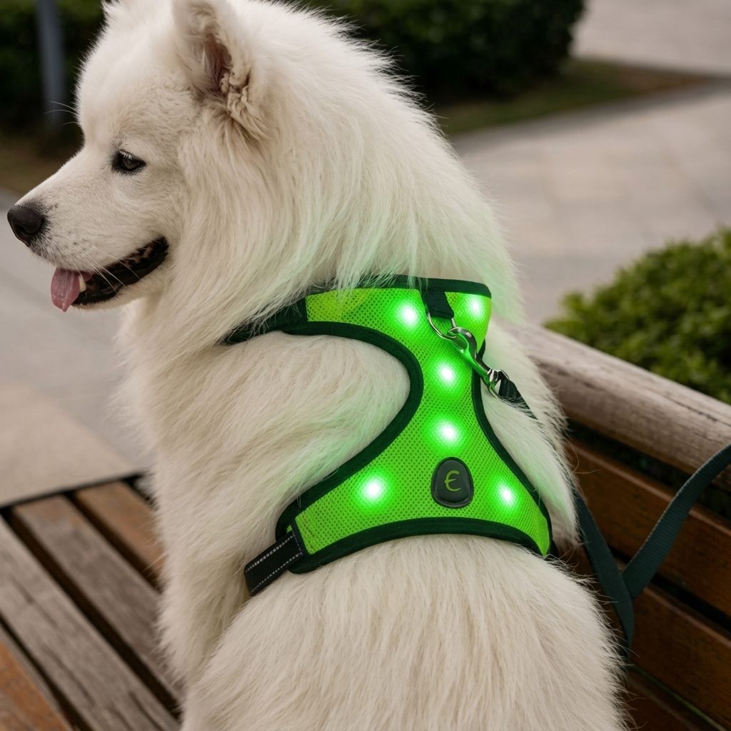 Chien blanc portant le harnais chien lumineux NightPup vert allumé en plein jour, gros plan