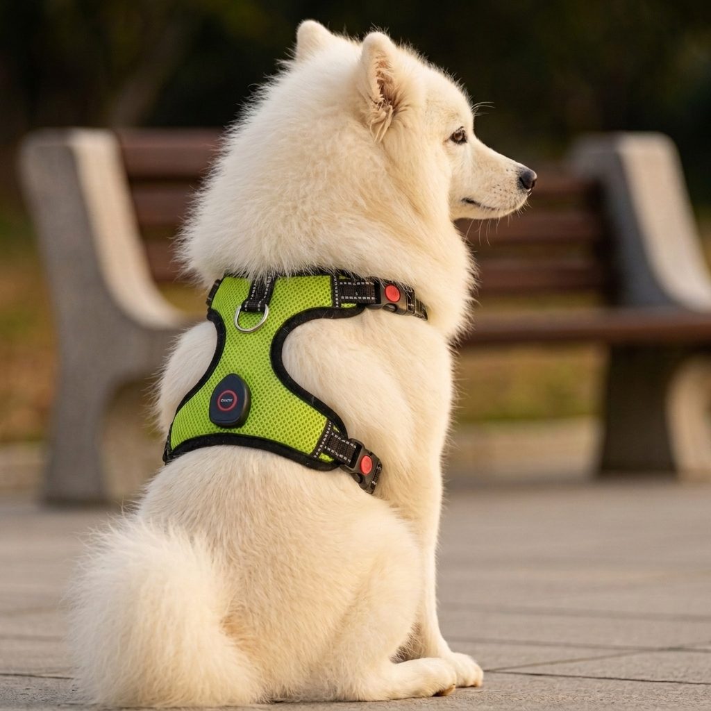 Chien blanc assis sur un banc portant le harnais chien lumineux NightPup vert