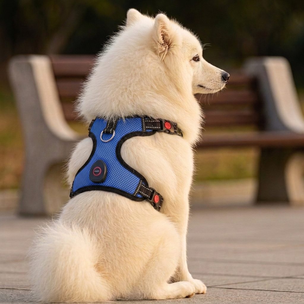 Chien blanc assis sur un banc portant le harnais chien lumineux NightPup rose