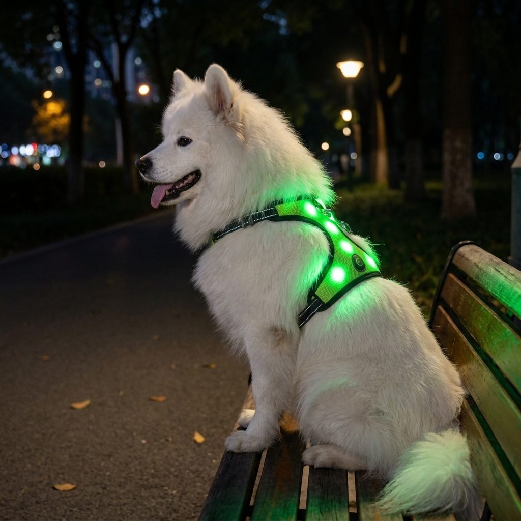 Chien assis sous la pluie en soirée portant le harnais chien lumineux NightPup vert allumé