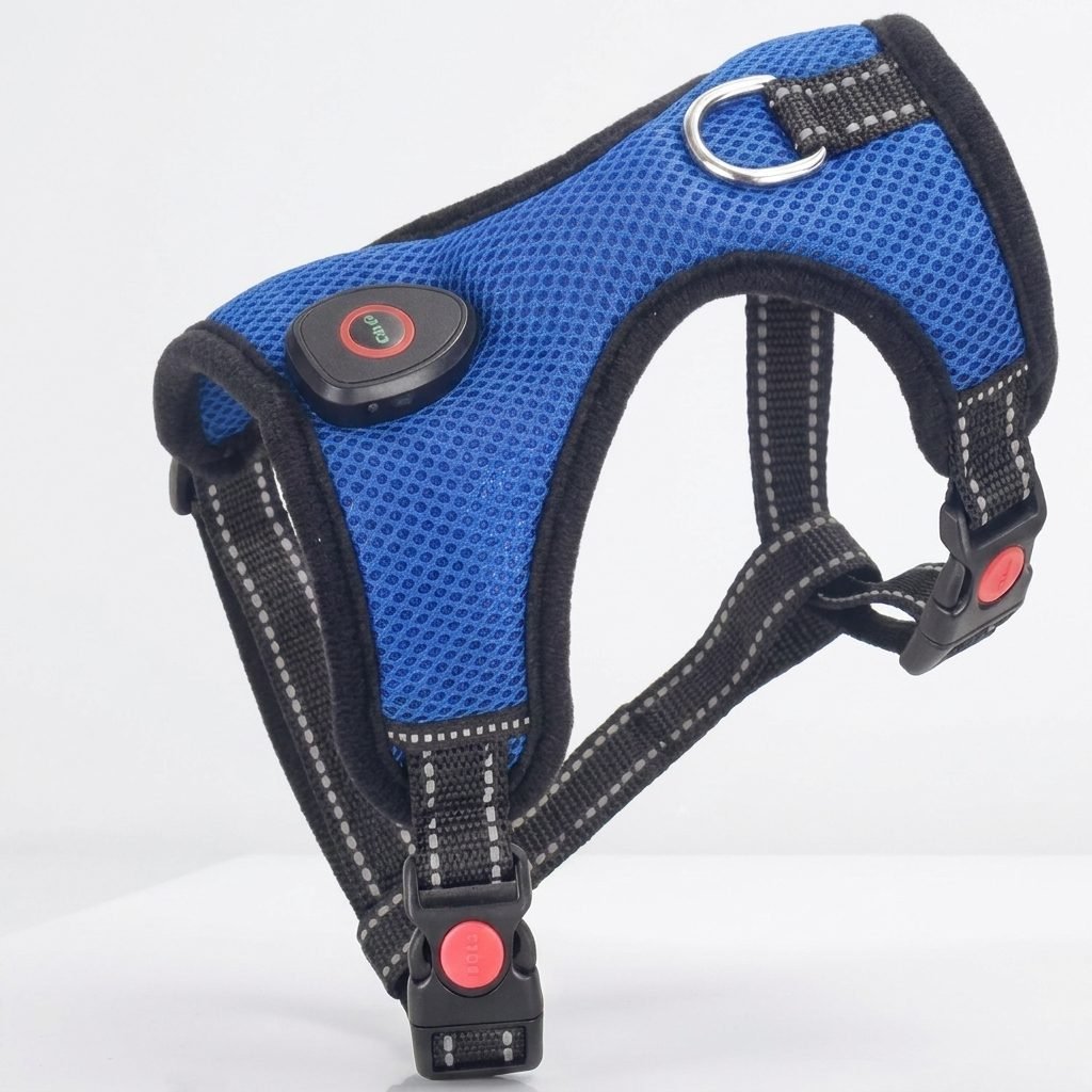 Détail du bouton marche/arrêt et du chargement USB du harnais chien lumineux NightPup bleu