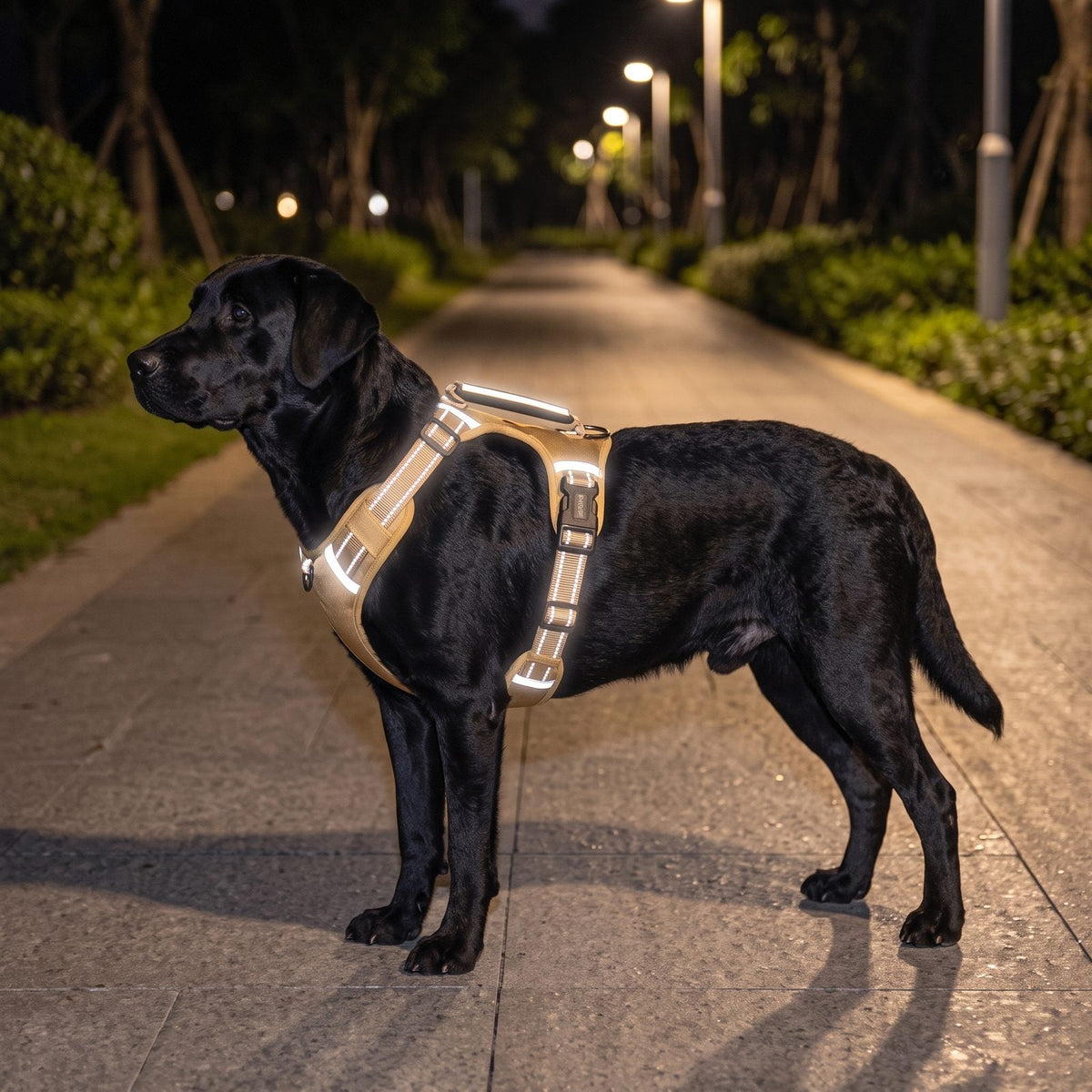 Labrador noir en promenade nocturne avec le harnais chien réfléchissant NightSafe, bandes réfléchissantes visibles