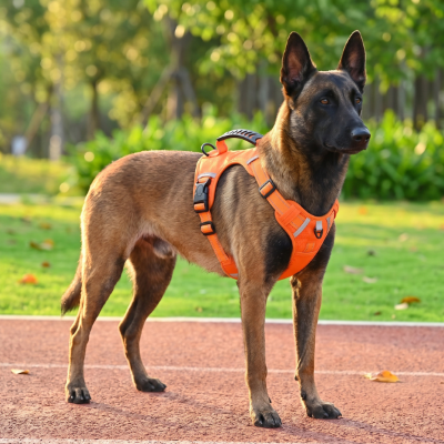 Harnais chien réfléchissant orange ergonomique vu de face sur un Berger Belge Malinois debout sur une piste.
