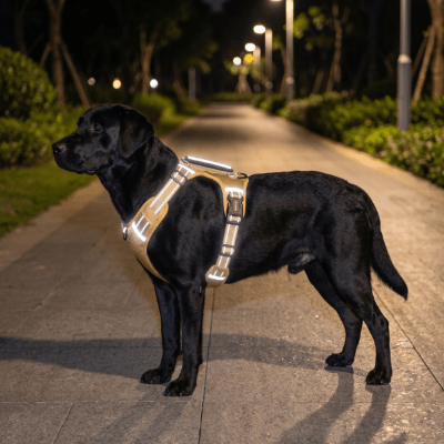 Harnais chien réfléchissant haute visibilité avec bandes lumineuses porté de nuit par un Labrador noir.