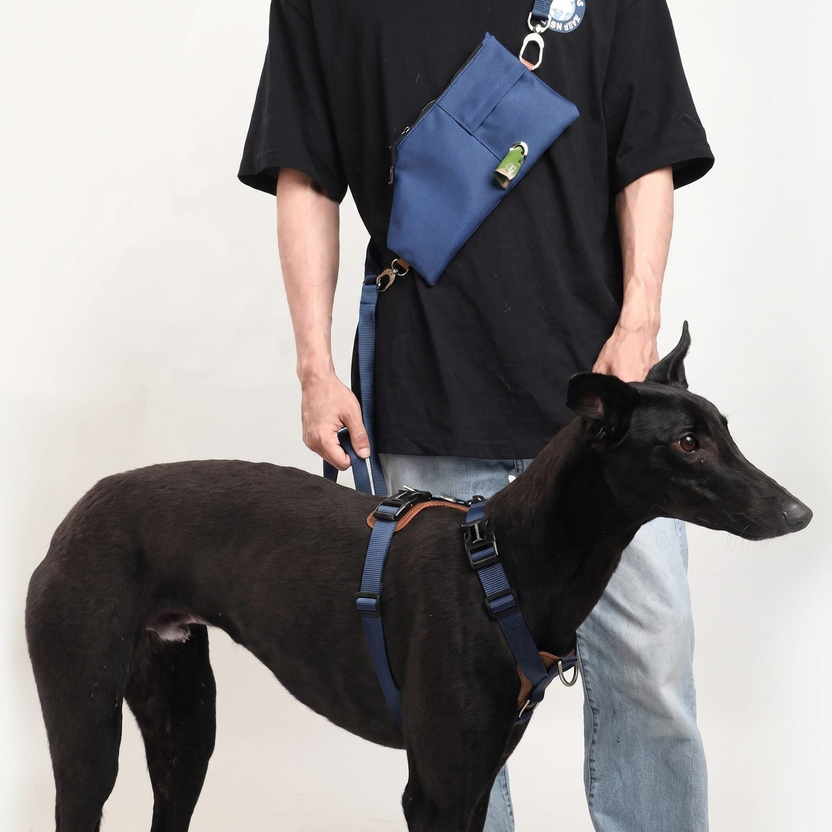 Maître portant une sacoche bleu marine assortie à la laisse et au harnais en Y HiDREAM de son chien