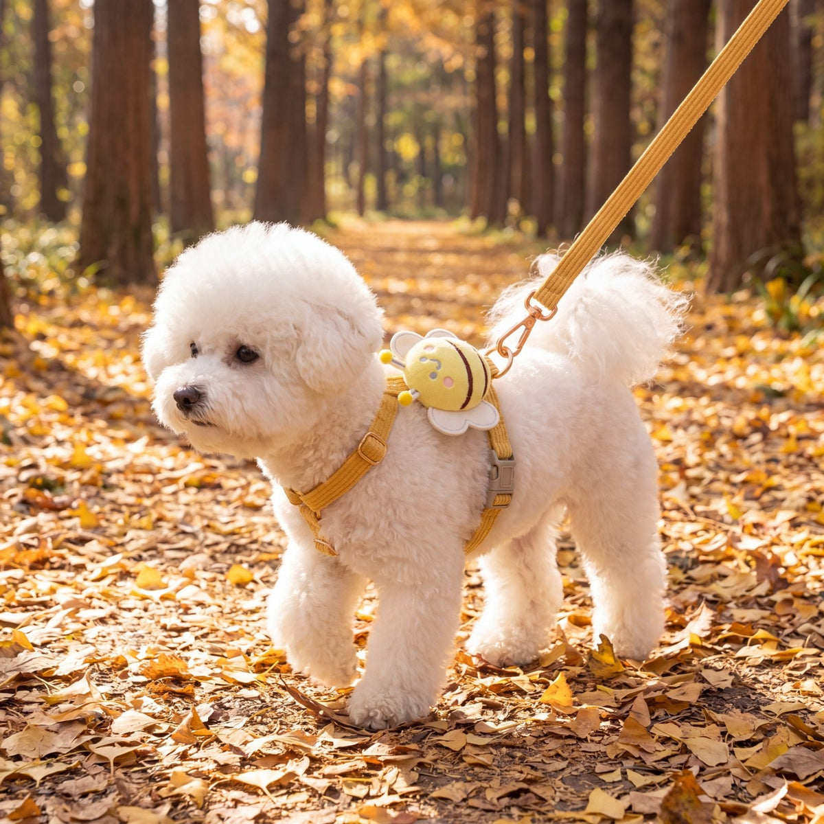 Bichon blanc en balade sur un chemin de forêt couvert de feuilles d'automne, portant le harnais petit chien abeille 3D jaune