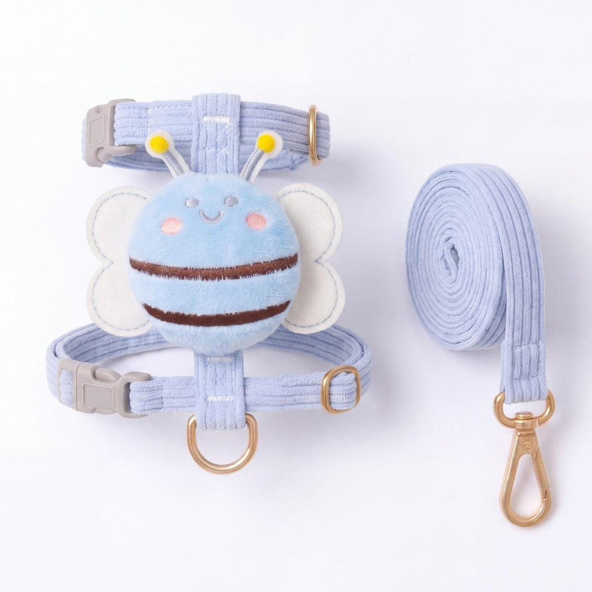 Harnais petit chien abeille 3D bleu en velours côtelé avec sa laisse assortie, photo produit sur fond blanc