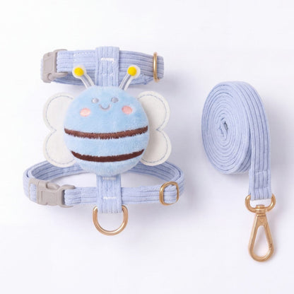 Harnais petit chien abeille 3D bleu en velours côtelé avec sa laisse assortie, photo produit sur fond blanc