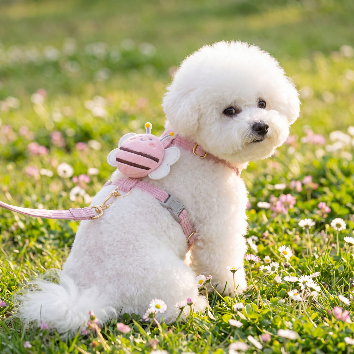 Bichon blanc sur une pelouse fleurie de pâquerettes portant le harnais petit chien abeille 3D rose avec sa laisse
