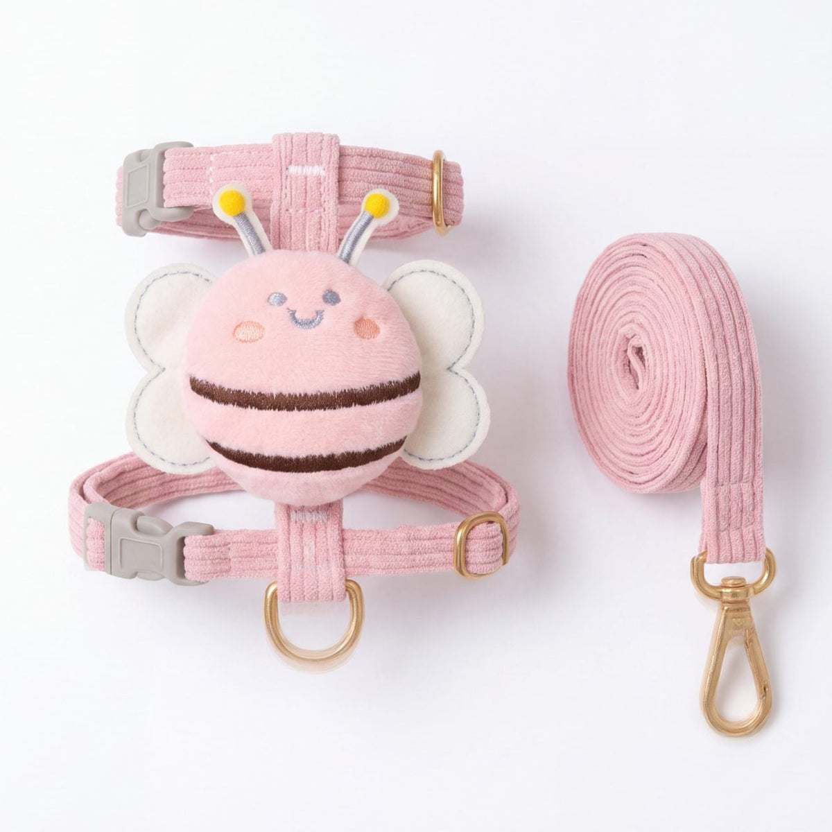 Harnais petit chien abeille 3D rose en velours côtelé avec sa laisse assortie, ensemble sur fond blanc