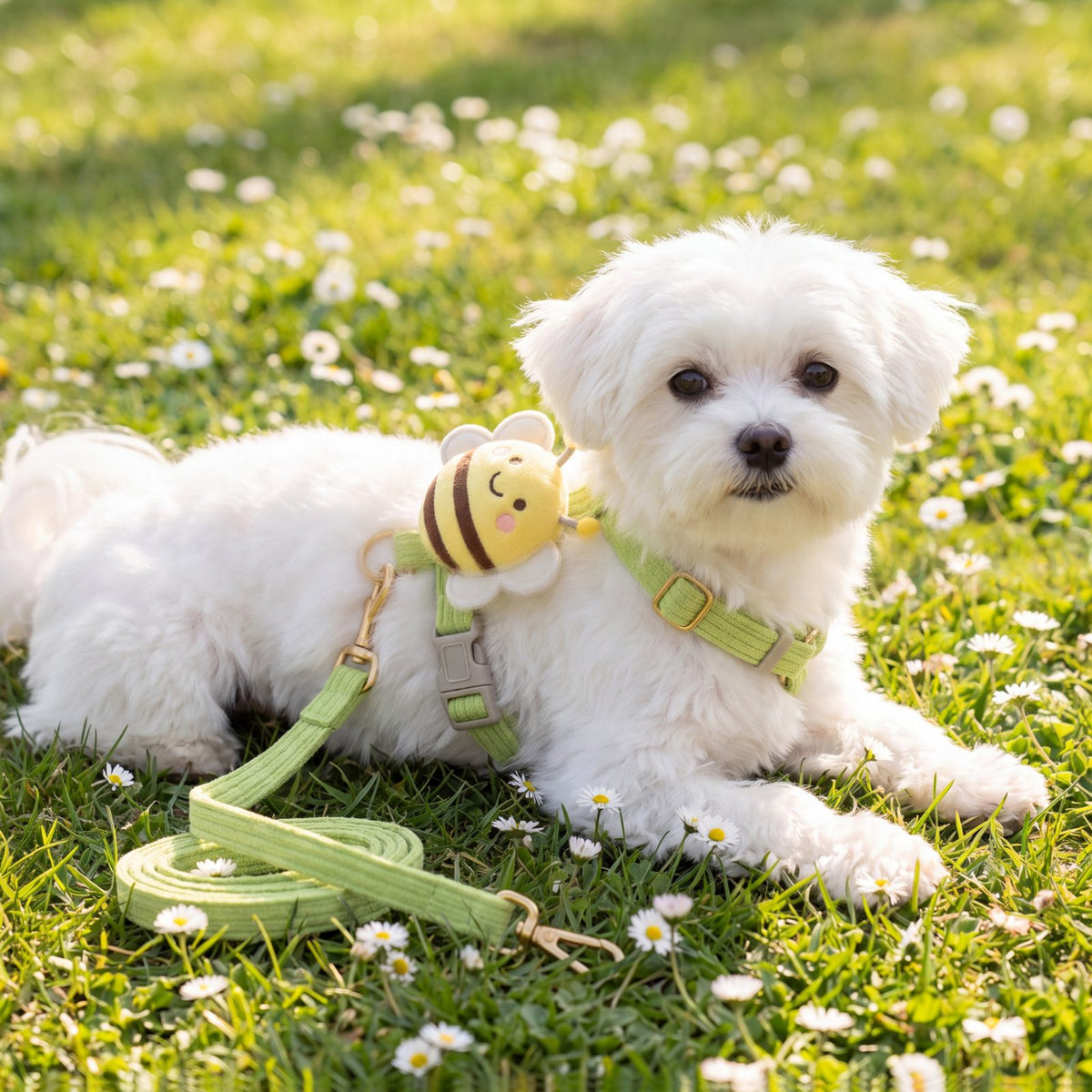 Bichon maltais couché sur une pelouse fleurie de pâquerettes avec un harnais abeille 3D vert pomme