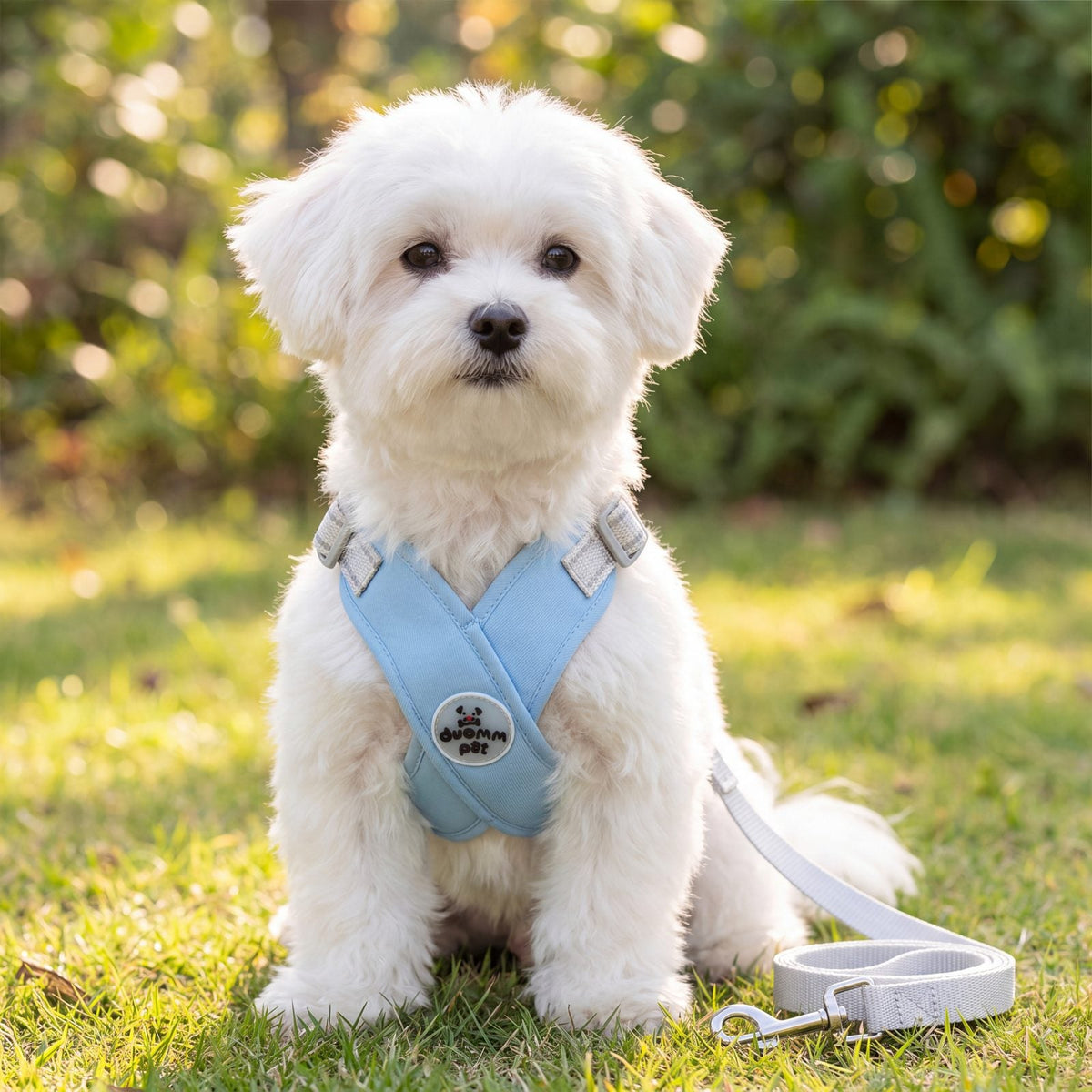 Bichon maltais blanc assis de face dans le jardin avec un harnais croisé bleu ciel en X et sa laisse grise