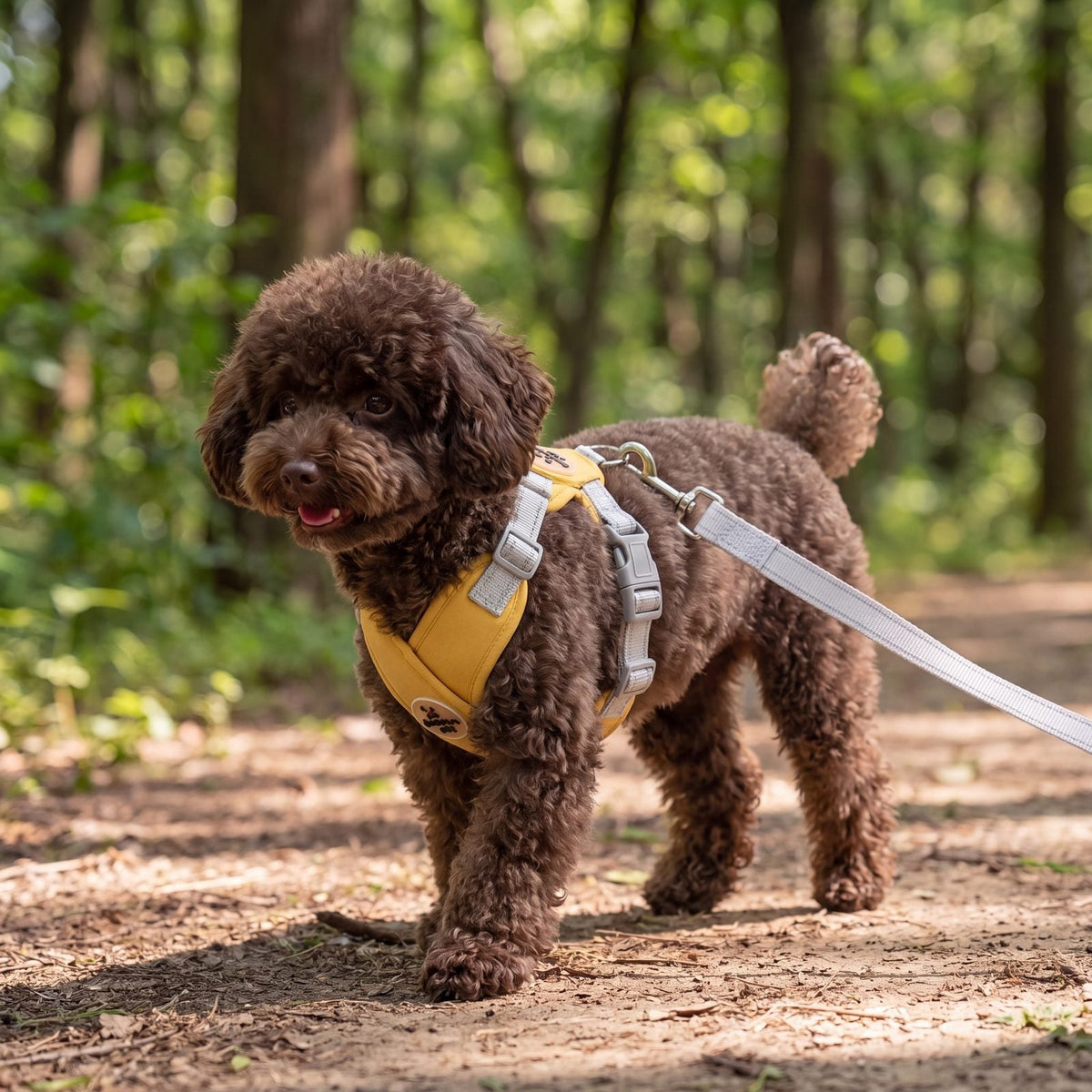 Caniche toy marron qui se promène sur un sentier en forêt avec un harnais croisé en X jaune et sa laisse grise