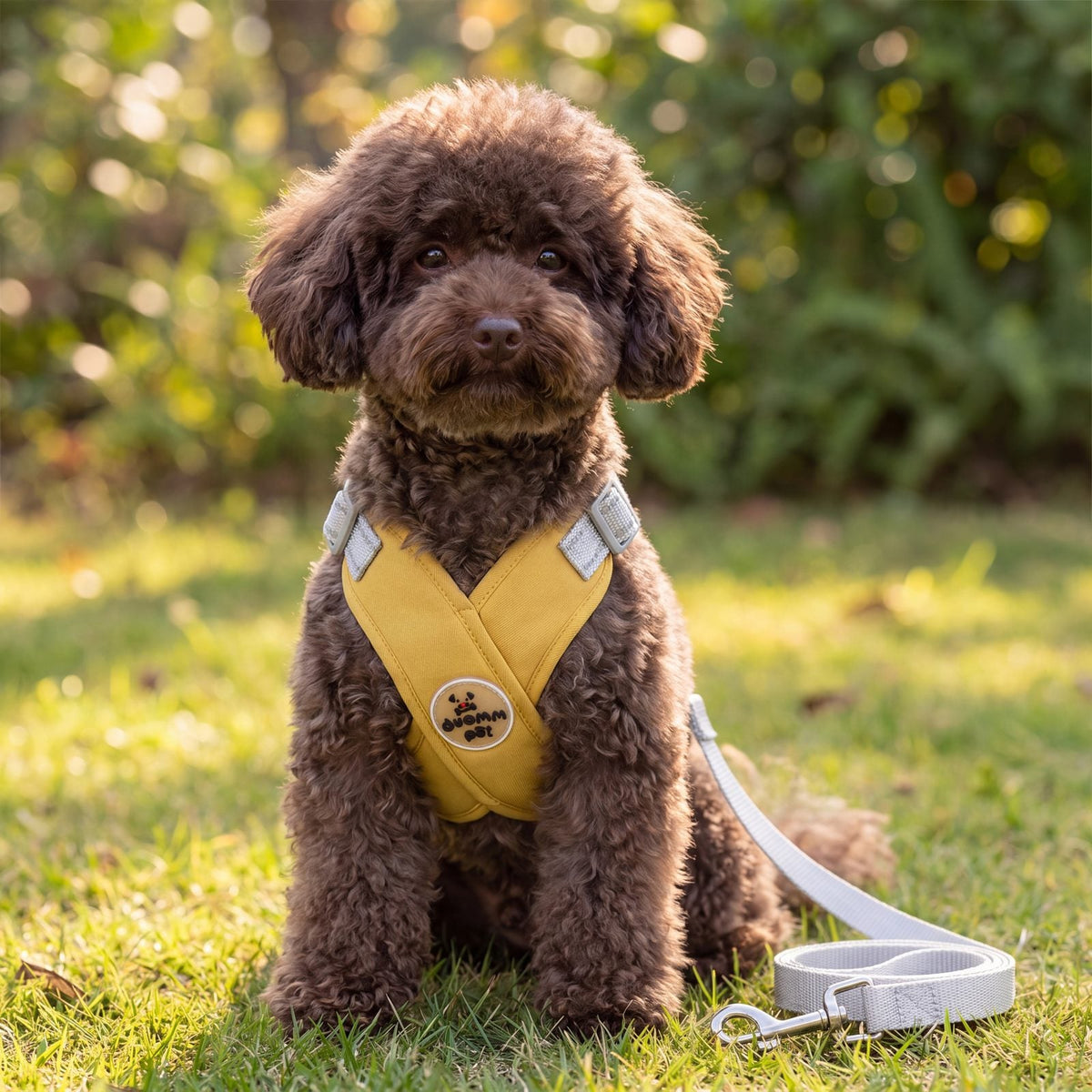 Caniche toy marron assis de face dans l'herbe avec un harnais croisé en X jaune et sa laisse grise enroulée à côté