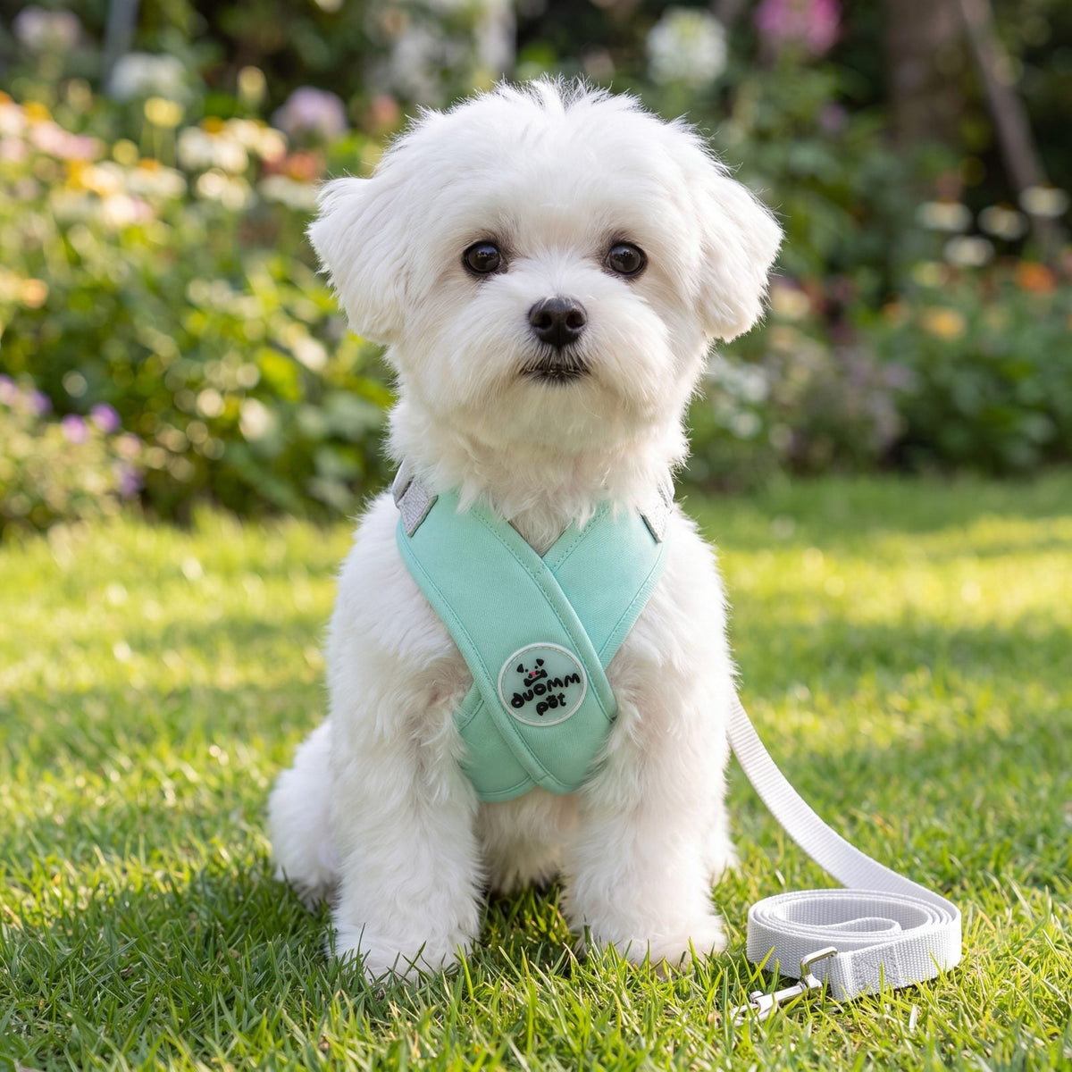 Bichon maltais blanc assis de face dans un jardin fleuri avec un harnais croisé en X vert menthe et sa laisse grise posée dans l'herbe