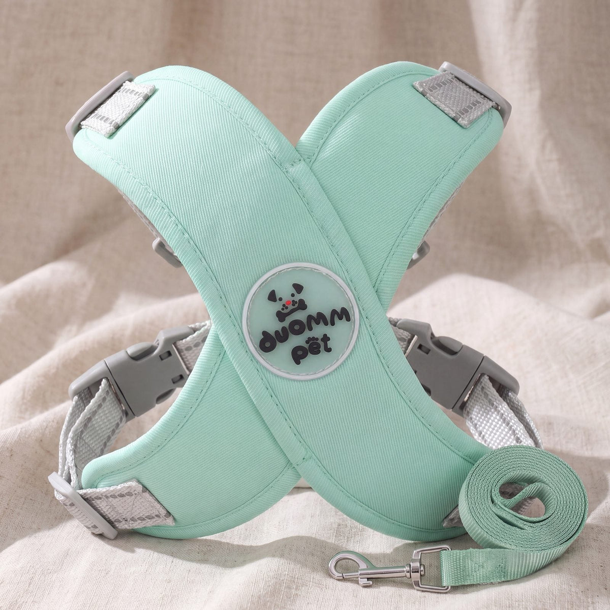 Harnais pour petit chien croisé en X vert menthe avec sa laisse assortie, présenté sur un tissu beige
