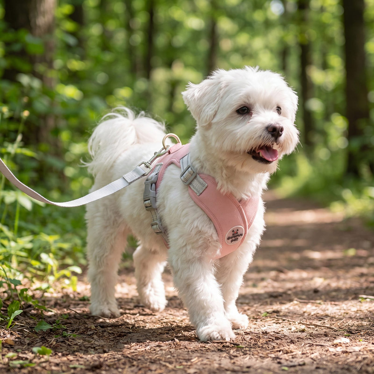 Bichon maltais marchant en laisse sur un sentier de forêt avec un harnais croisé rose