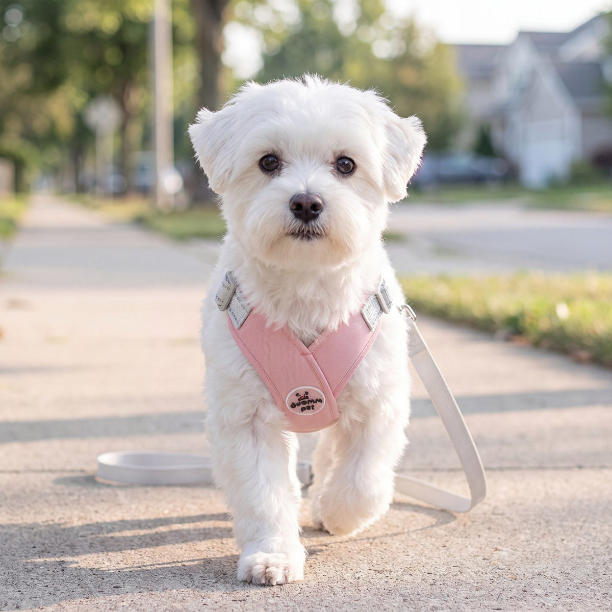Bichon maltais blanc marchant sur un trottoir avec un harnais petit chien croisé rose