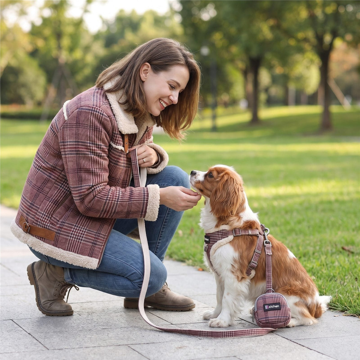 Une femme agenouillée donne une friandise à son chien portant le harnais petit chien tartan bordeaux avec sa laisse et sa pochette, dans un parc