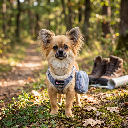 Chien assis face à l'objectif avec le harnais petit chien tartan lavande, sa laisse et sa pochette assortie