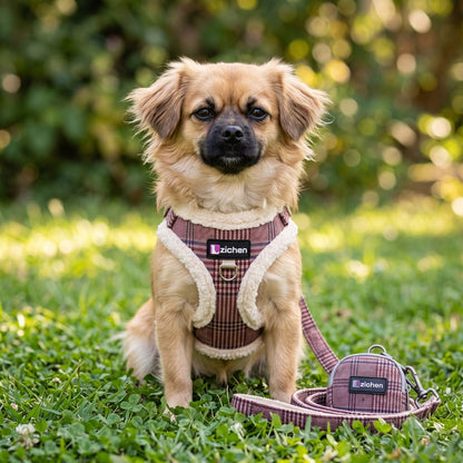 Pochette zippée assortie au harnais petit chien tartan bordeaux, fond blanc