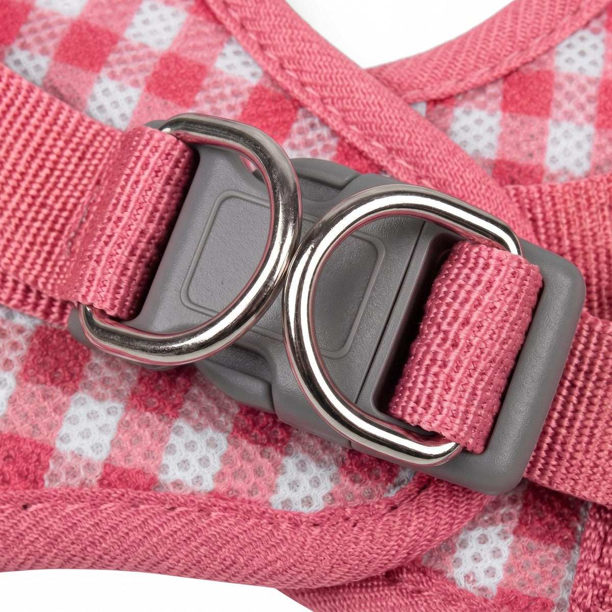Harnais petit chien à carreaux rose, gros plan sur la boucle et les anneaux métalliques