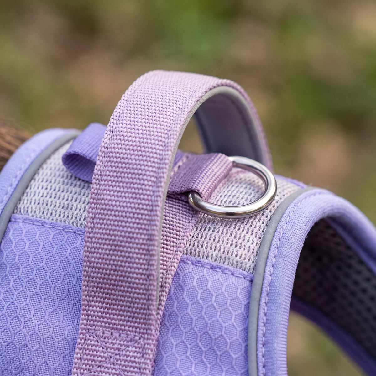 Gros plan sur la poignée de contrôle lilas et l'anneau métallique du harnais rafraîchissant violet