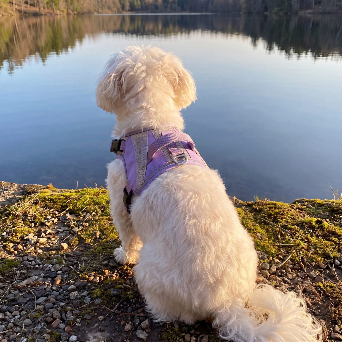 Bichon maltais blanc vu de dos au bord d'un lac, harnais violet avec poignée et anneau pour la laisse