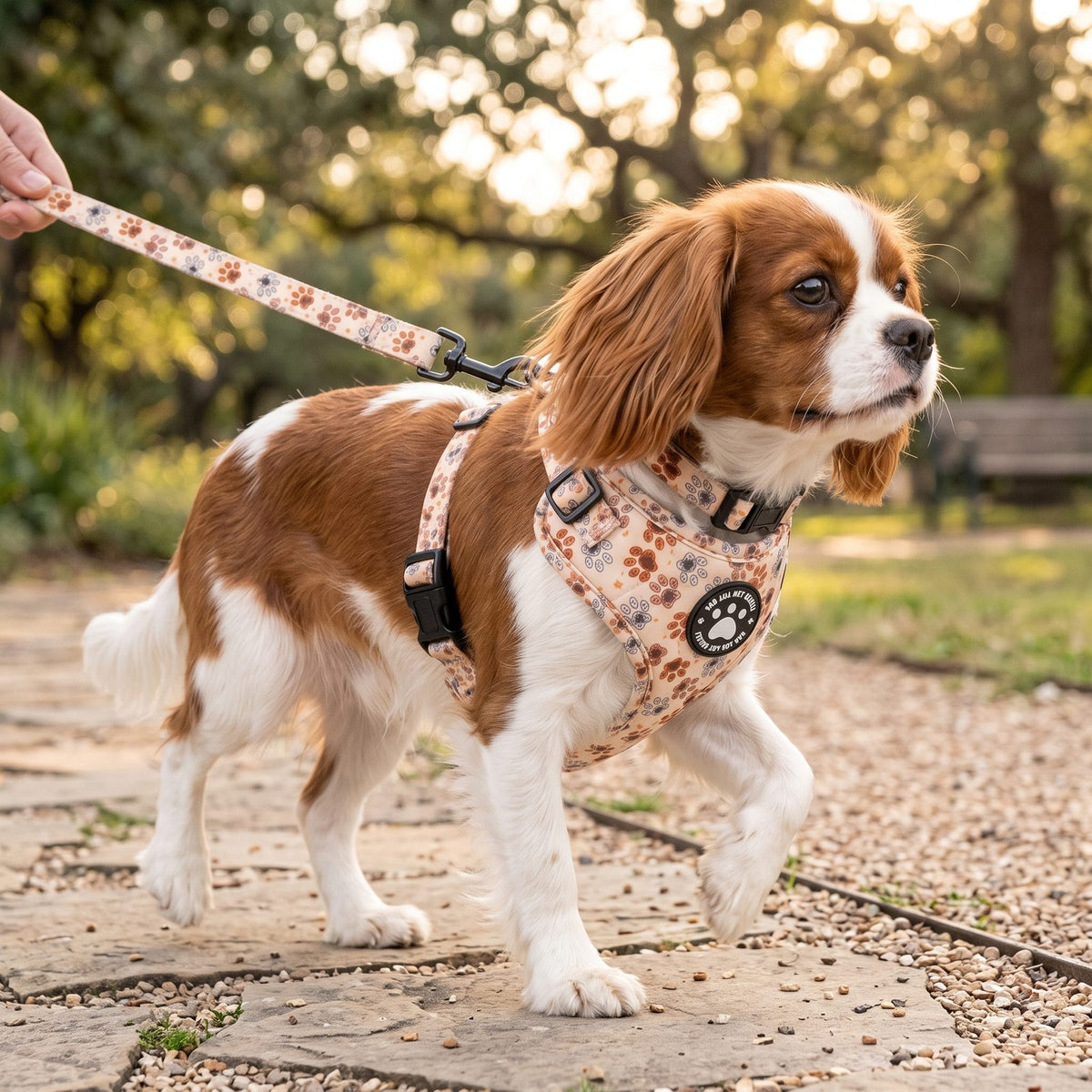 Petit chien en balade extérieure, tenu en laisse, portant l'ensemble harnais et collier imprimé empreintes de pattes