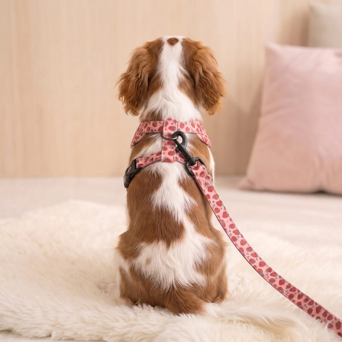 Chien vu de dos avec le harnais petit chien imprimé fraise et la laisse attachée