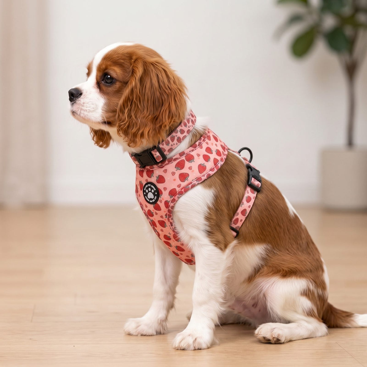 Chien assis à l'intérieur portant le harnais petit chien imprimé fraise