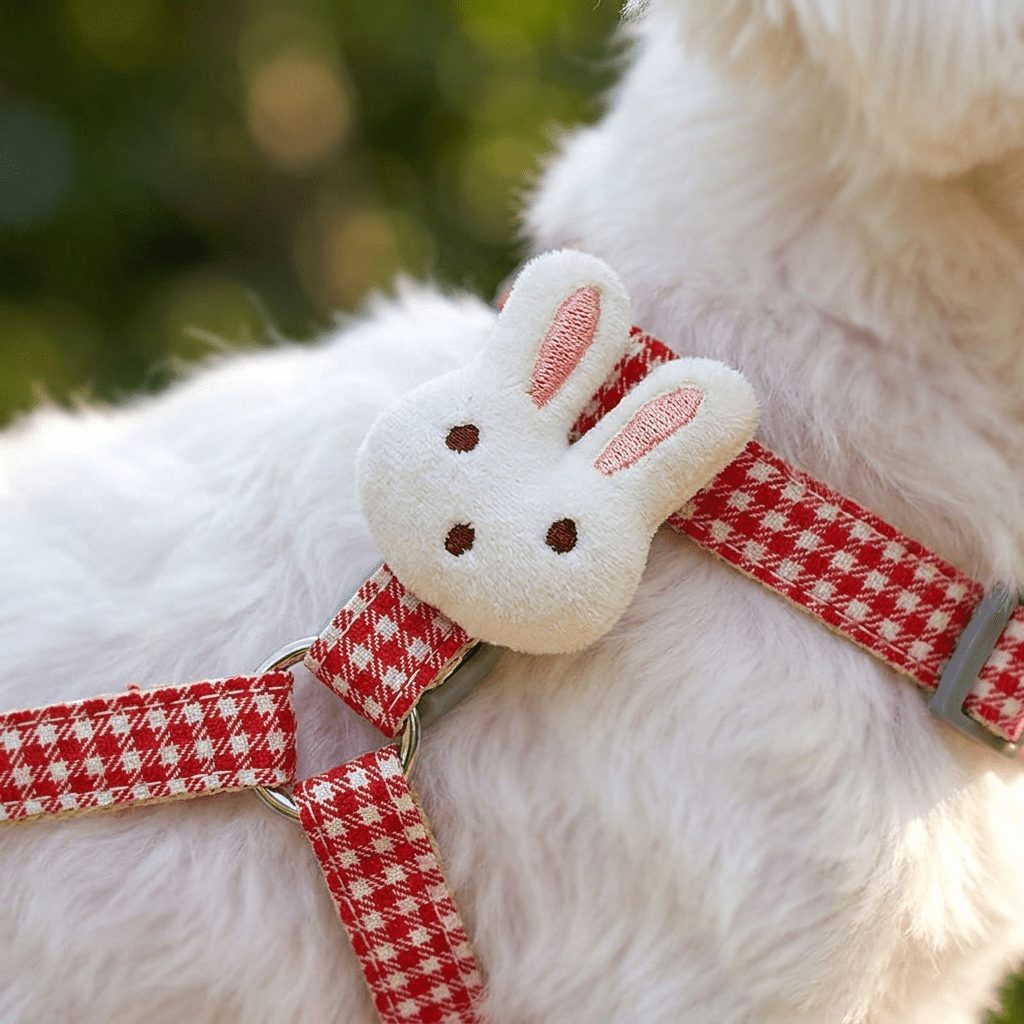 Gros plan macro sur le pompon lapin en peluche du harnais petit chien LapinChou rouge à carreaux vichy, fixé sur le côté