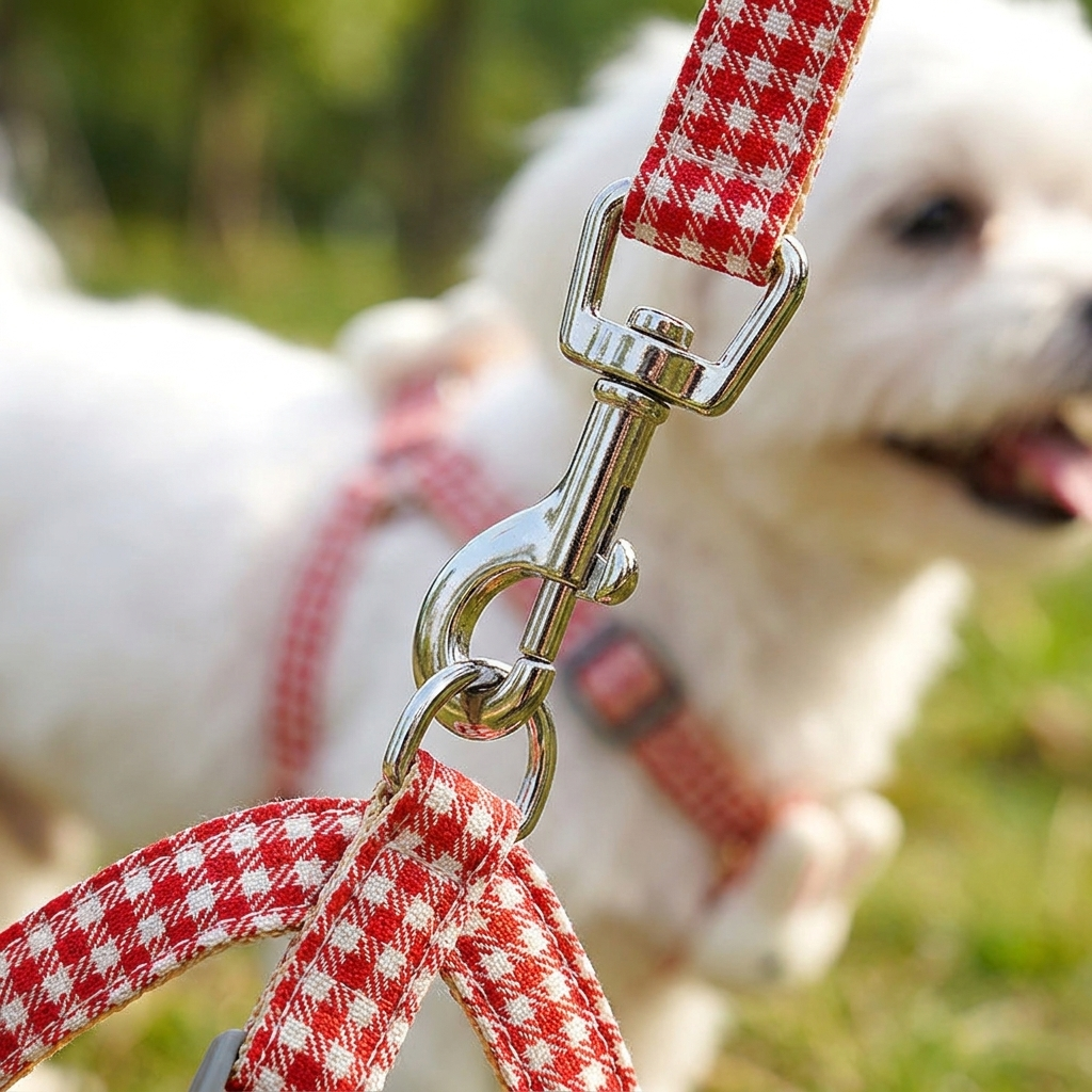 Gros plan macro sur le mousqueton pivotant du harnais petit chien LapinChou rouge à carreaux vichy