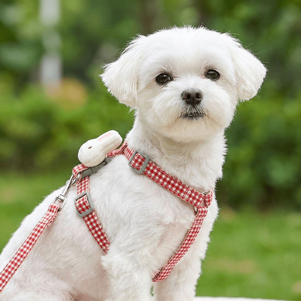 Bichon maltais blanc assis portant le harnais petit chien LapinChou rouge à carreaux vichy en extérieur, vue de trois-quarts, pompon lapin sur le côté
