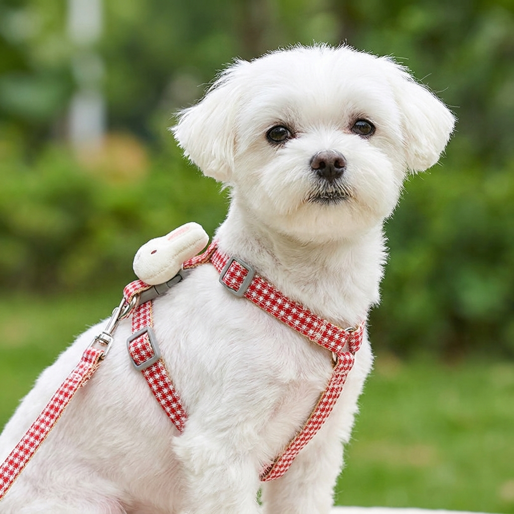 Bichon maltais blanc assis portant le harnais petit chien LapinChou rouge à carreaux vichy en extérieur, vue de trois-quarts, pompon lapin sur le côté