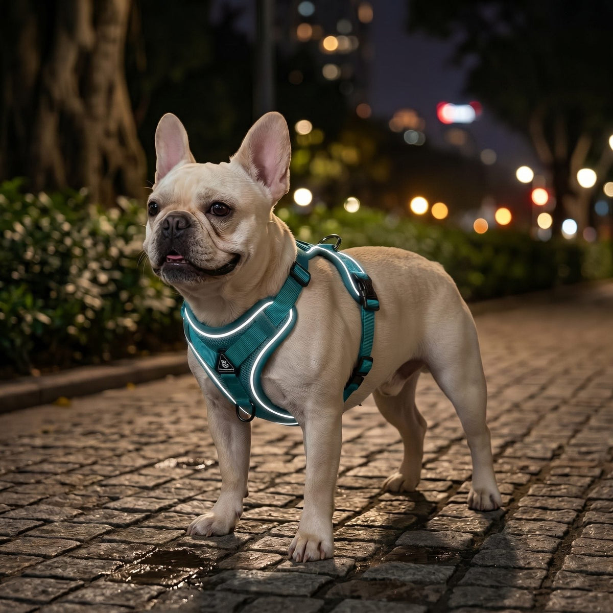 Petit chien portant le harnais réfléchissant LumiSoft vert, promenade nocturne dans un parc