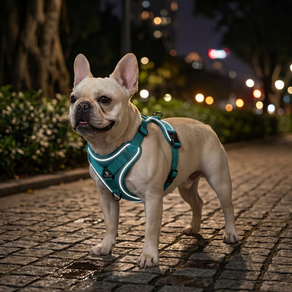 Petit chien portant le harnais réfléchissant LumiSoft vert, promenade nocturne dans un parc