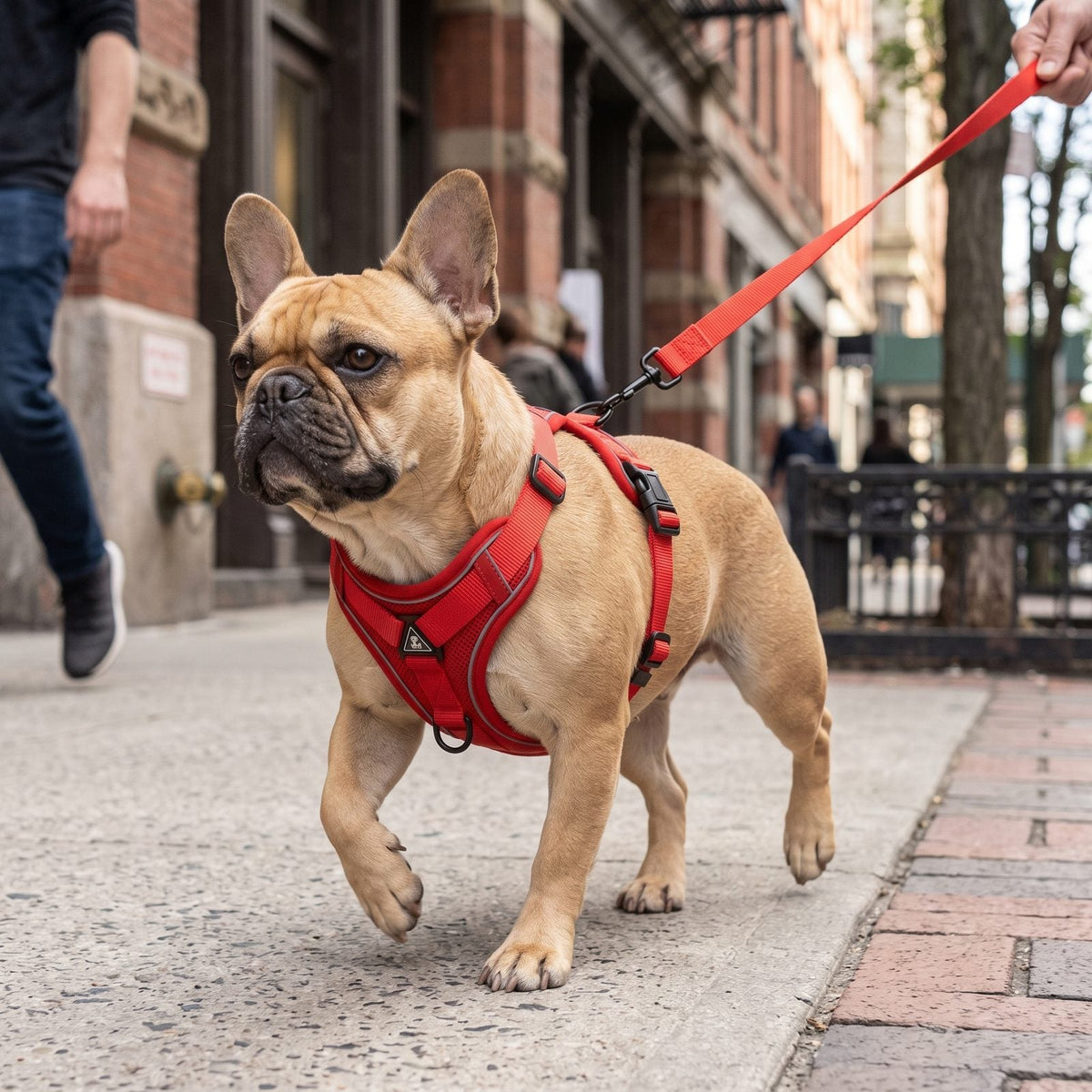 Petit chien portant le harnais réfléchissant LumiSoft rouge, promenade en ville tenu en laisse