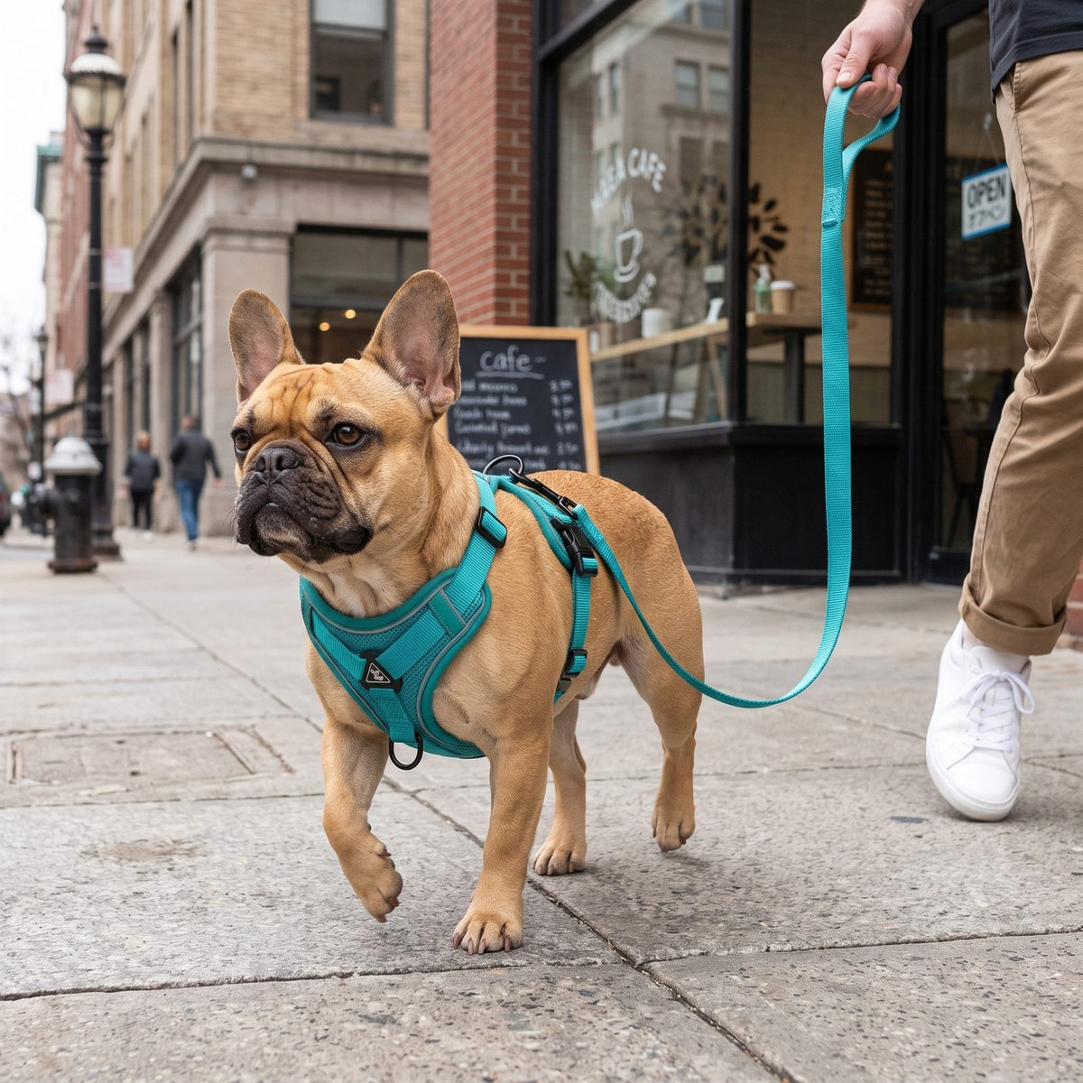 Petit chien portant le harnais réfléchissant LumiSoft vert, promenade en ville devant un café