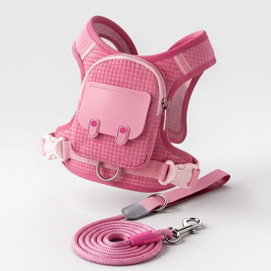 Ce harnais avec poche pour petit chien rose présenté seul avec sa laisse assortie