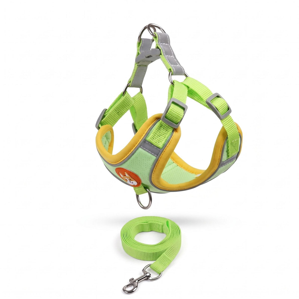Harnais petit chien ToudouxFlex vert et jaune présenté seul sur fond blanc