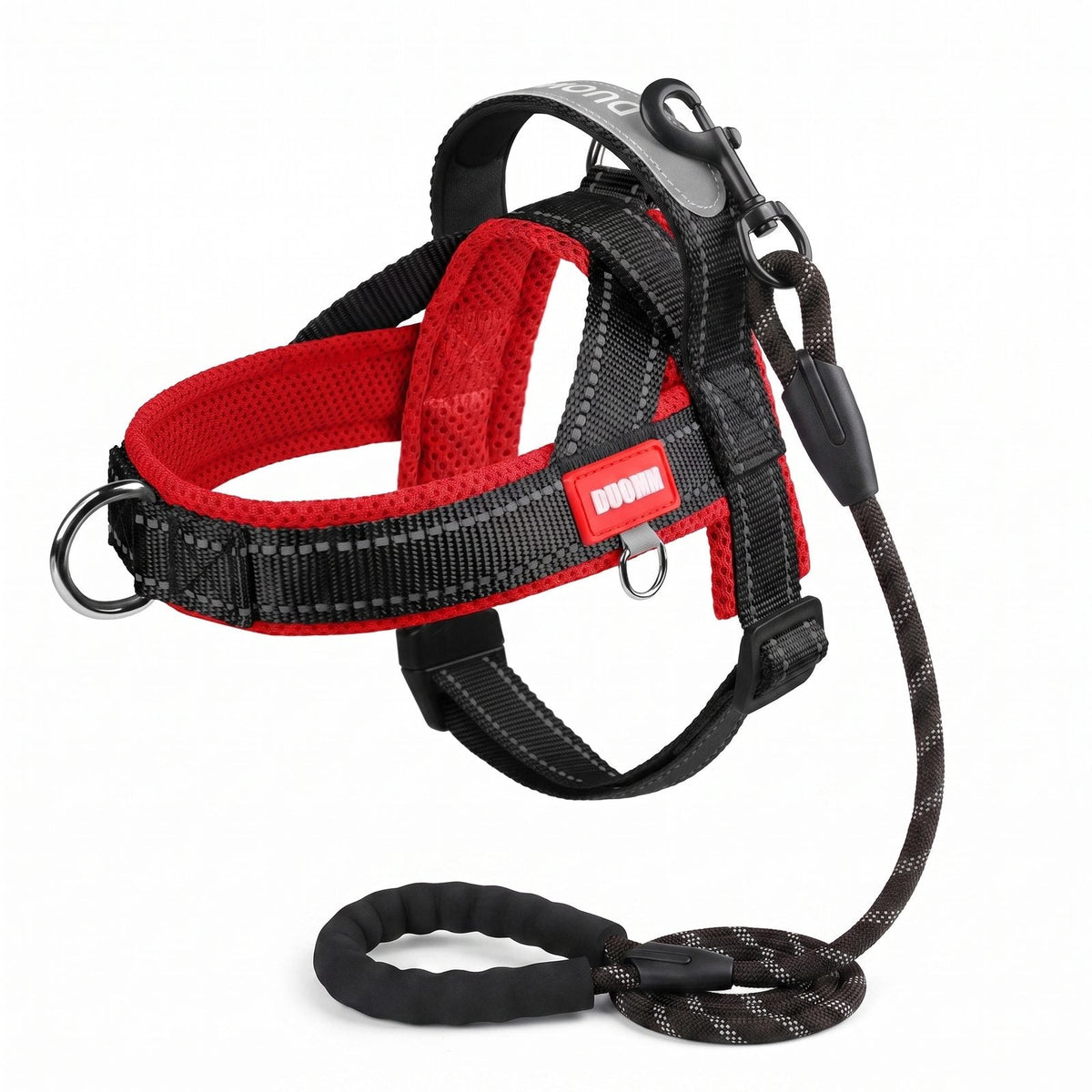 Harnais pour chien confort respirant avec laisse, coloris noir et rouge, vue détail du tissage respirant