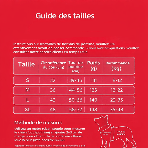guide tailles harnais chien tableau mesures cou poitrine et poids pour choisir la bonne taille