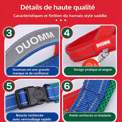 details harnais chien boucle securite anneau metal et coutures renforcees haute resistance