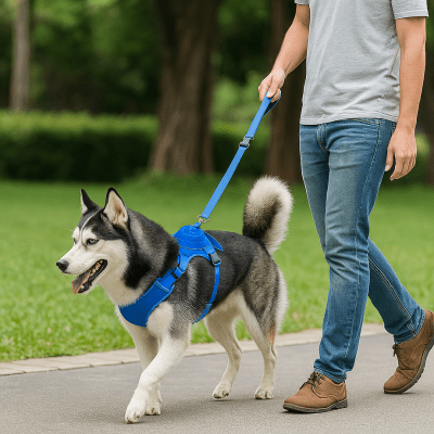 Harnais pour chien robuste pour husky en marche avec son maitre dans un parc FlexiHarness