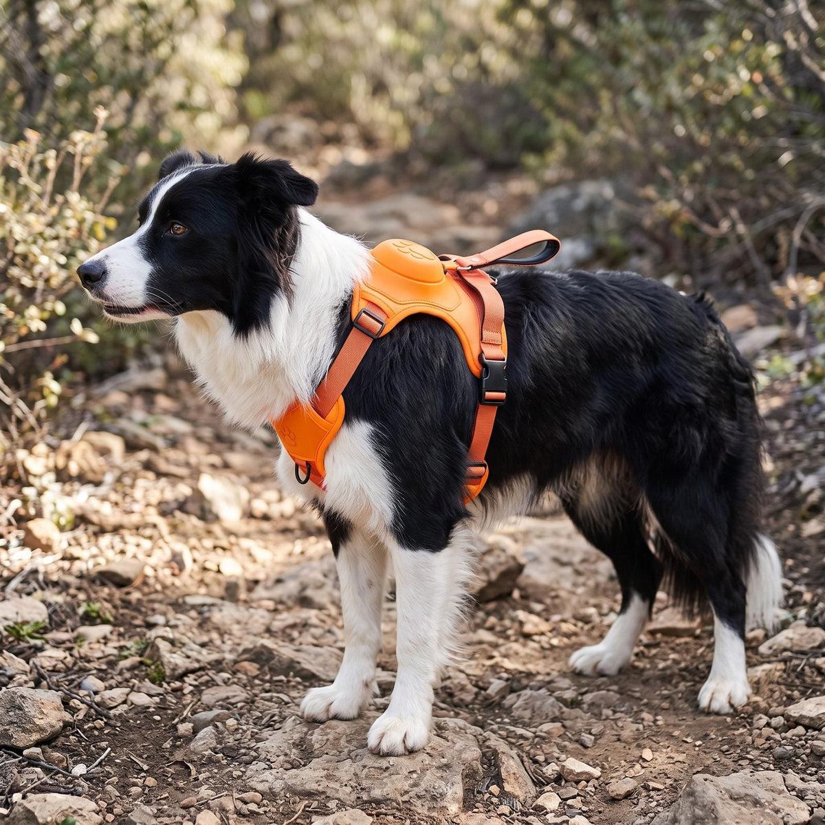 Chien portant le harnais pour chien FlexiHarness orange sur un rocher en extérieur, vue de profil