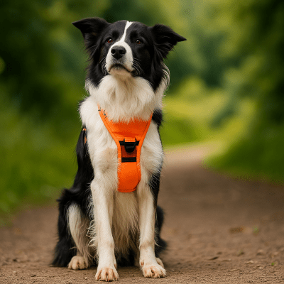 Harnais pour chien orange idéal pour promenade sur chemin forestier FlexiHarness