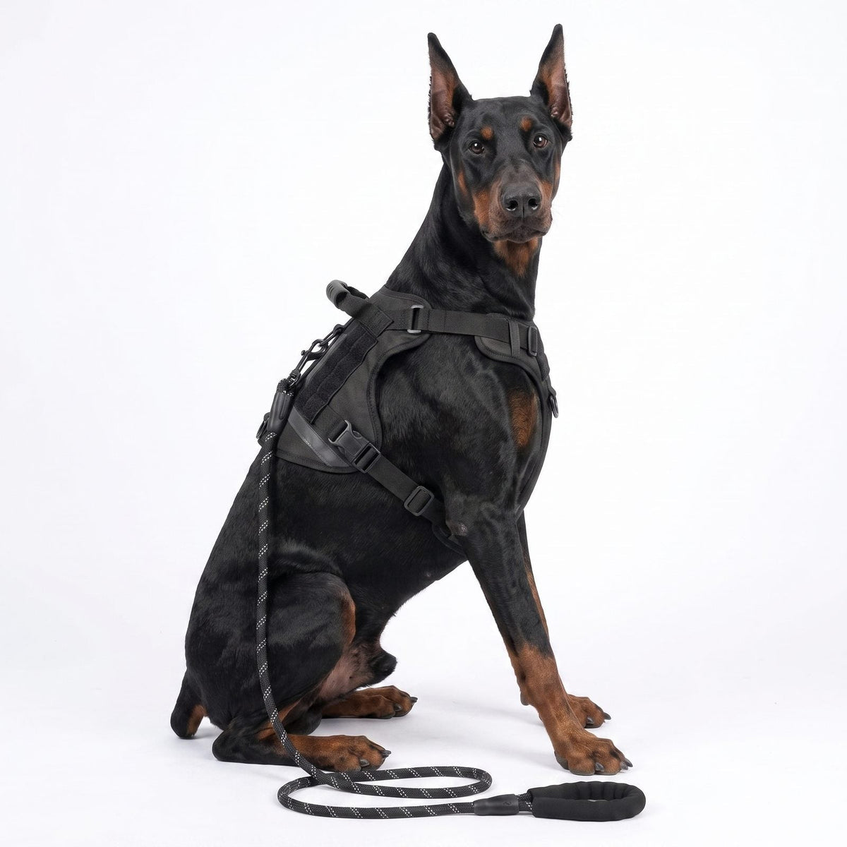 Chien assis de face portant le harnais pour chien TactiGuard noir